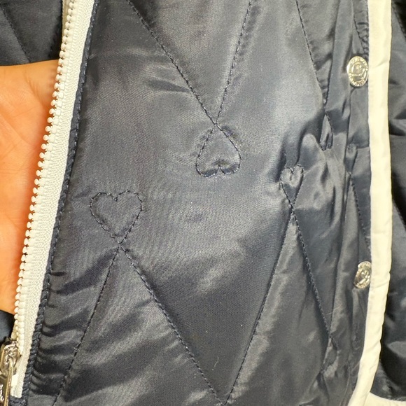 Daily Sports Navy Diamond/Heart Quilted Jacket with White Trim, Back Cinch Belt - Picture 4 of 16